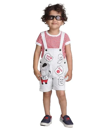 Kooka Kids Cow Print Dungaree With Half Sleeves Tee - Grey