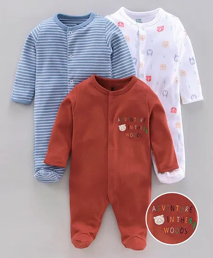 I Bears Full Sleeves Rompers Animals Print Pack of 3 - Blue White Brown