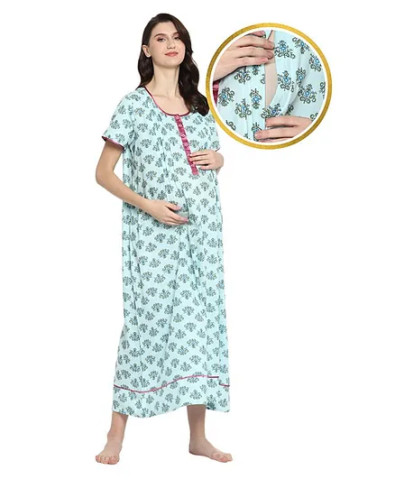 Zelena Half Sleeves Floral Print Maternity Nighty - Light Green