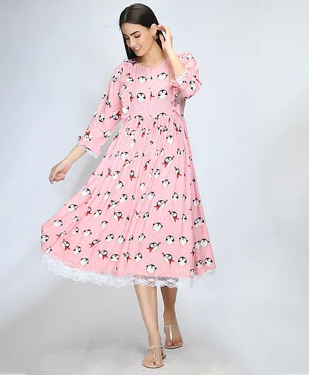 Mometernity Full Sleeves Maternity All Over Penguin Print Nursing Nighty - Pink