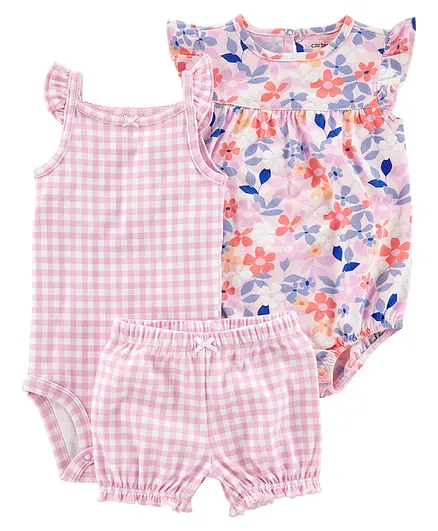 3-Piece Gingham Bodysuits & Short Set - Purple Pink