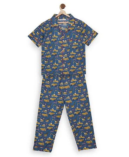 Fluffalump Half Sleeves Vehicle Print Night Suit - Blue