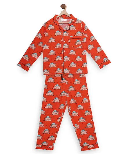 Fluffalump Full Sleeves Pig Print Night Suit - Red