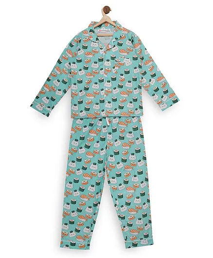 Fluffalump Full Sleeves Sushi Print Cotton Night Suit - Blue