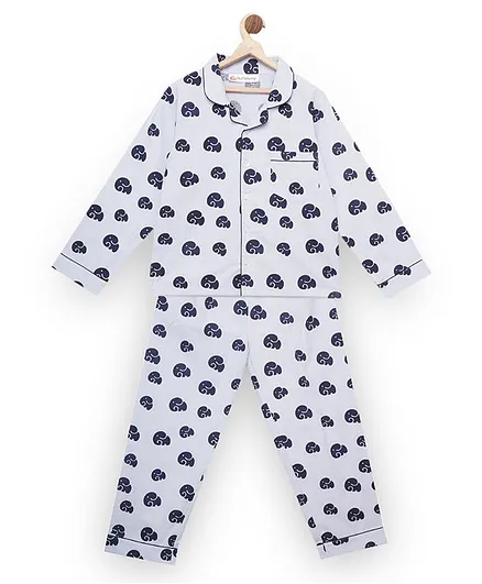 Fluffalump Full Sleeves Elephant Print Night Suit - Blue