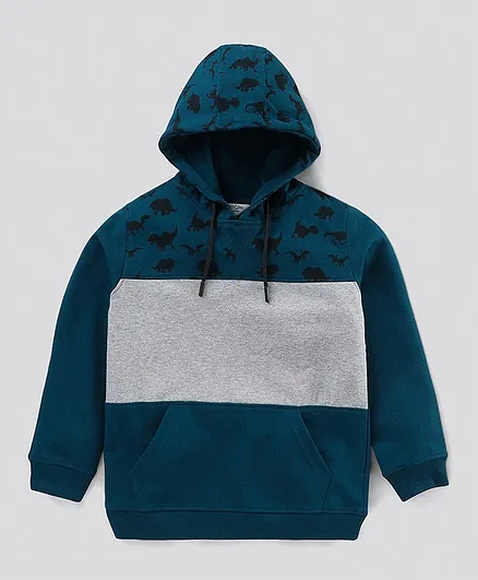 Primo Gino Full Sleeves Hooded Sweatshirt Dino Print - Sea Blue