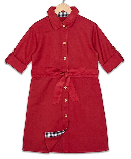 Olele Three Fourth Sleeves Solid Shirt Style Dress - Maroon