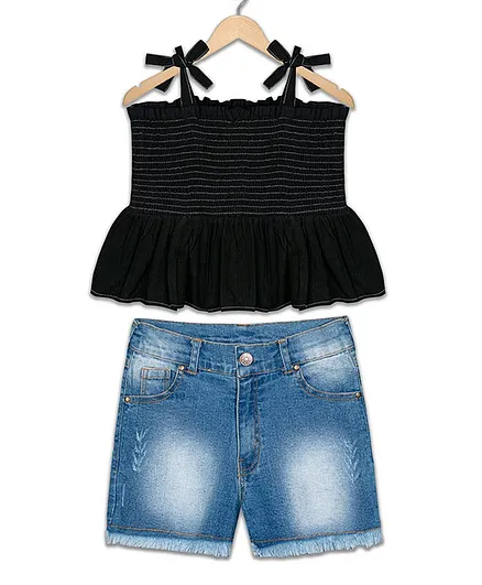 Olele Sleeveless Smocked Top With Shorts - Black & Blue