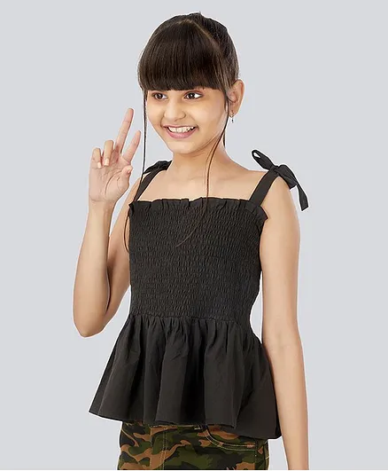Olele Sleeveless Solid Colour Smocked Top - Black