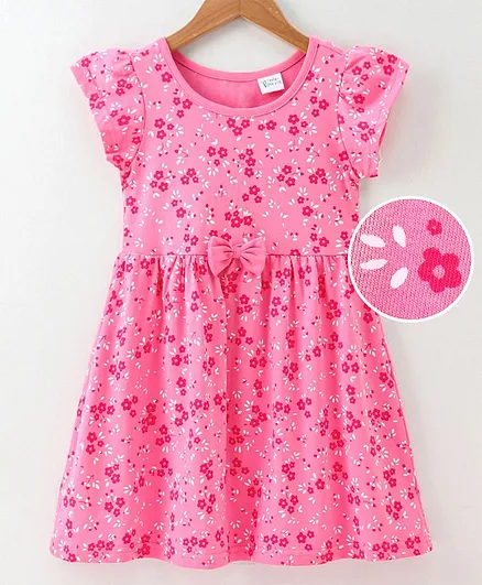 Hola Bonita Cap Sleeves Frock Bow Applique - Pink
