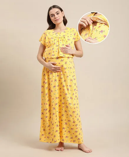 Bella Mama Half Sleeves Maternity Nighty - Yellow