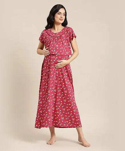 Bella Mama Half Sleeves Maternity Nighty - Maroon