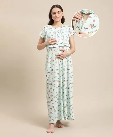 Bella Mama Half Sleeves Maternity Nighty - Blue