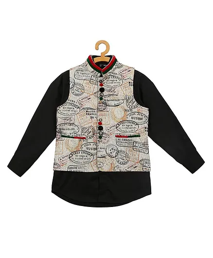Actuel Boys Full Sleeves Shirt With Stamp Print Waistcoat - Beige & Black