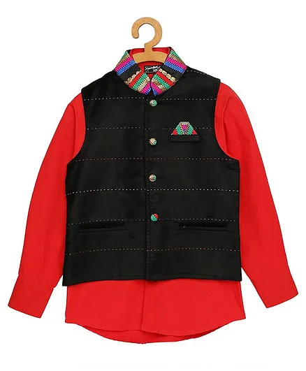 Actuel Full Sleeves Solid Full Sleeves Shirt With Nehru Waistcoat - Black Red