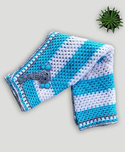 Knitting by Love Elephant Applique Hand Knit Full Size Baby Blanket - Blue & White