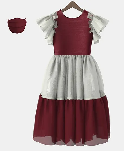 HEYKIDOO Short Sleeves Solid Colour Dress With Face Mask - Maroon