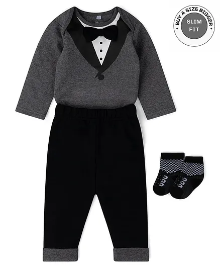 Little Gent Full Sleeves Onesie and Lounge Pant With Socks - Grey