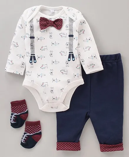 Lily and Jack Full Sleeves Onesie and Lounge Pant With Socks - White