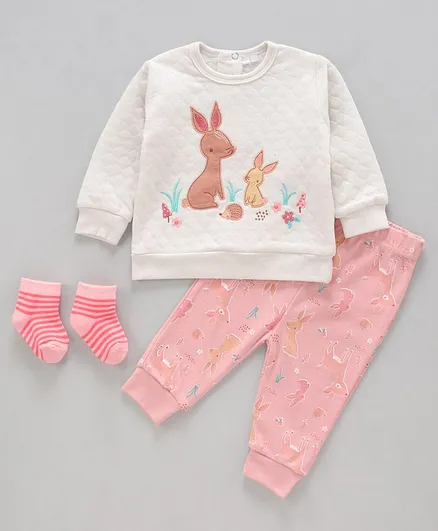 Rock a Bye Baby Full Sleeves Tee & Lounge Pant Bunny Print - Pink