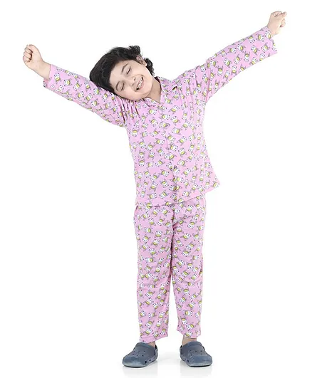 AJ Dezines Kids Full Sleeve Cat Printed Night Suit - Pink