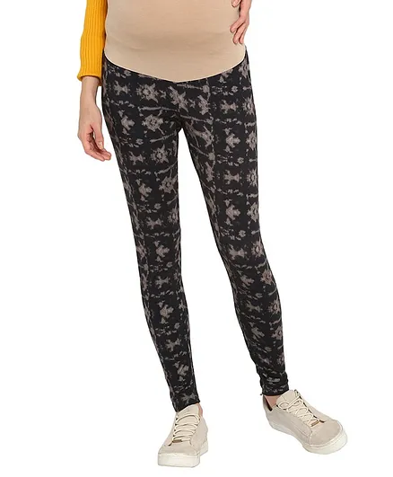 Momsoon Full Length Printed Maternity Over The Belly Leggings - Black