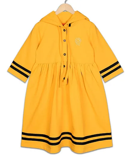 Olele Full Sleeves Front Buttoned Hooded Dress - Yellow