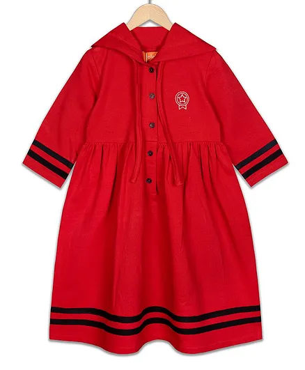 Olele Full Sleeves Front Buttoned Hooded Dress - Red