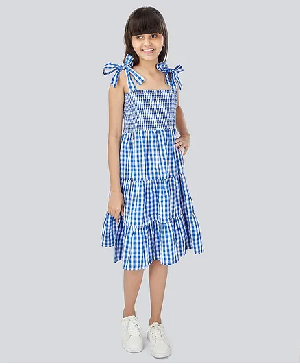 Olele Sleeveless Checked Flared Dress - Blue