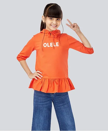 Olele Full Sleeves Brand Print Peplum Top - Orange