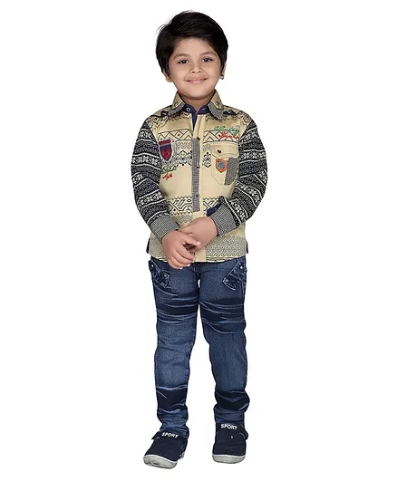 AJ Dezines Full Sleeves Aztec Print Shirt With Jeans - Brown