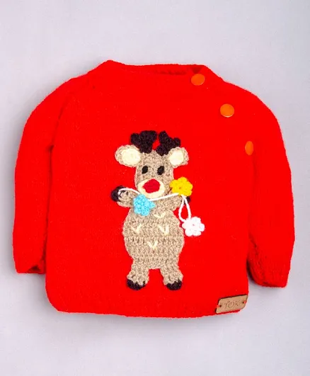 The Original Knit Full Sleeves Handmade Teddy Applique Sweater - Red