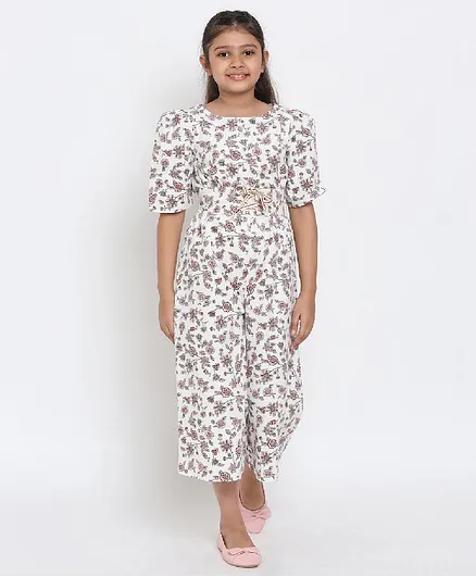 Natilene Half Sleeves Floral Print Jumpsuit - White
