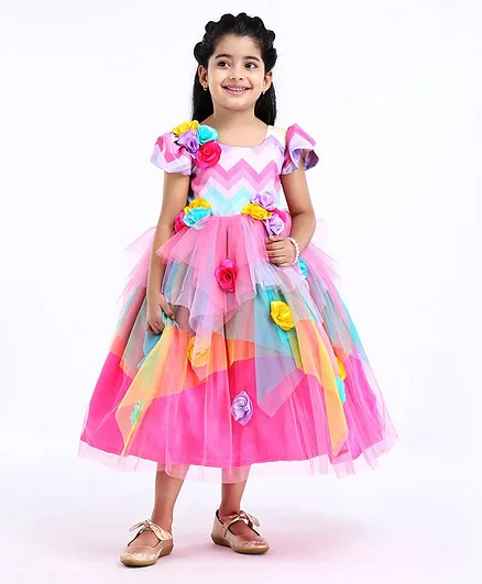 Li&Li BOUTIQUE Cap Sleeves Zig Zag Print Flared Gown - Pink Blue Yellow