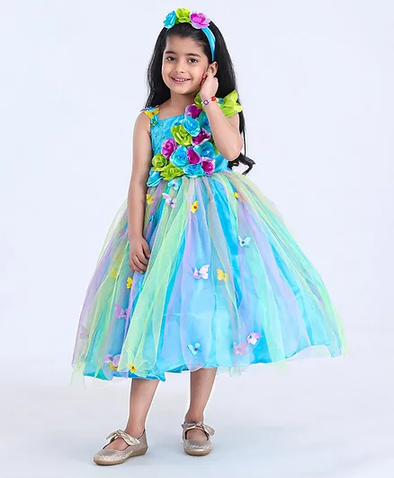Li&Li BOUTIQUE Sleeveless Flower Embellished Flared Gown - Blue Green Purple
