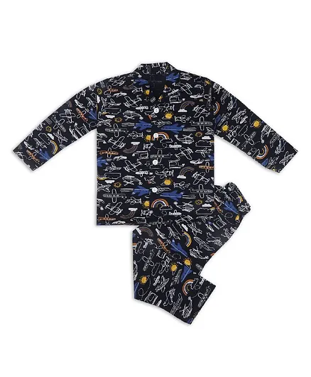 AAAKAR Full Sleeves Aeroplane Print Night Suit - Black