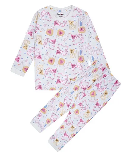 Taatoom Full Sleeves Animals Print Night Suit - White
