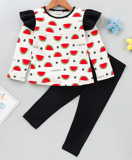 CrayonFlakes Full Sleeves Watermelon Print With Frill Top Leggings Set - White