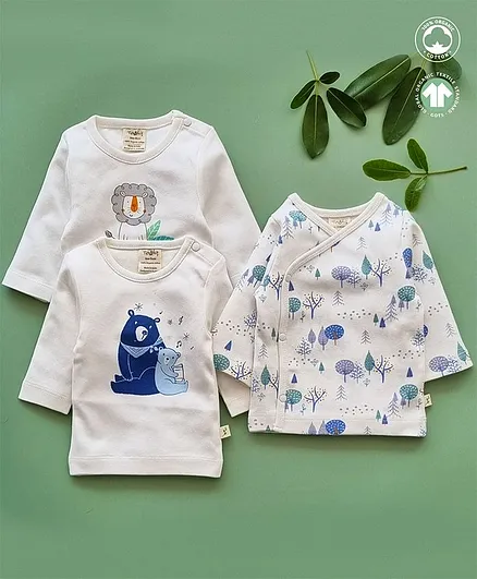 Tiny twig Organic Pack Of 3 Full Sleeves Animal Print Tee - White