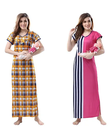 Piu Pack Of 2 Half Sleeves Checked Feeding Nighty - Yellow Pink