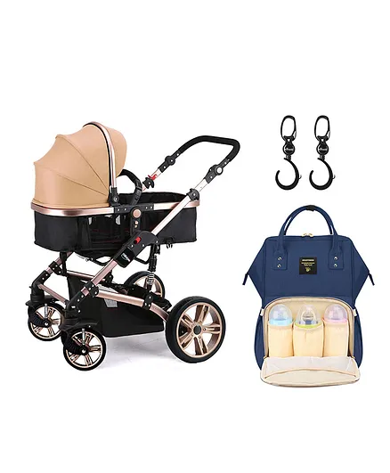 Teknum 3 in 1 Pram Stroller with Diaper Bag & Stroller Hooks - Khaki Blue