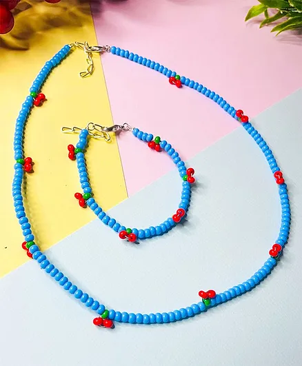 Bobbles & Scallops Combo Set Of Cherry Glass Beads Necklace & Bracelet - Blue