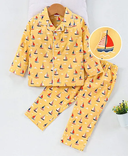 Babyhug Full Sleeves Cotton T-shirt and Pyjama Woven Set Boat Print - Mustard