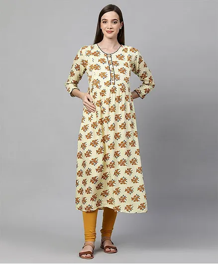 MomToBe Three Fourth Sleeves Floral Print Maternity Kurta - Yellow