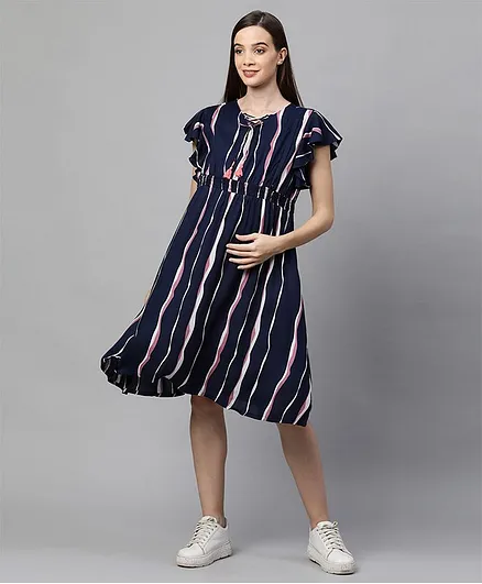 MomToBe Half Sleeves Striped Maternity Dress - Blue