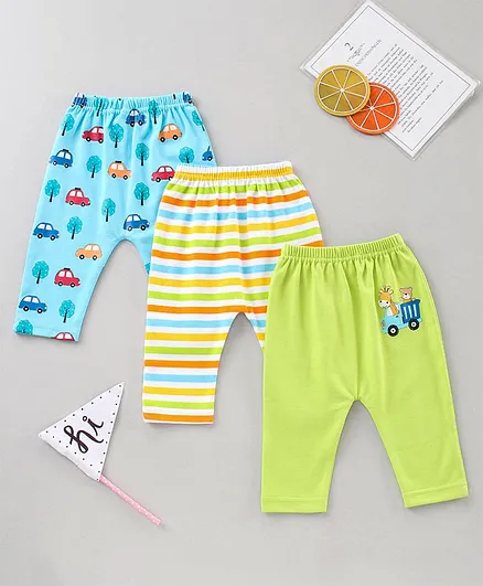 Babyhug Full Length Diaper Leggings Car Print Pack of 3 - Green Blue