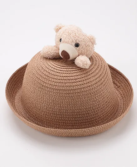 Babyhug Straw Hat With Teddy Applique - Brown