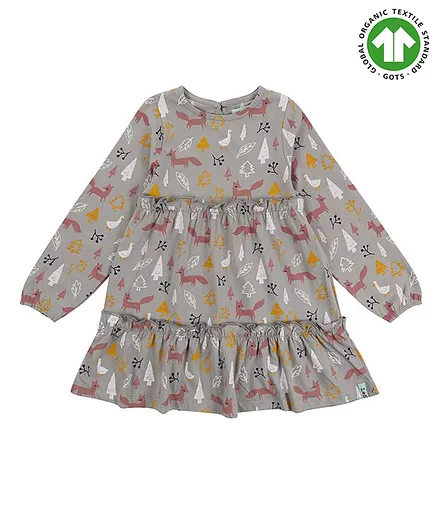Lilly + Sid Full Sleeves 100% Organic Cotton Frock Foxes And Floral Print - Multicolor