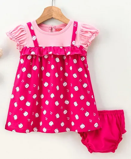 Babyhug Half Sleeves Cotton Frock with Bloomer Kitty Print - Pink