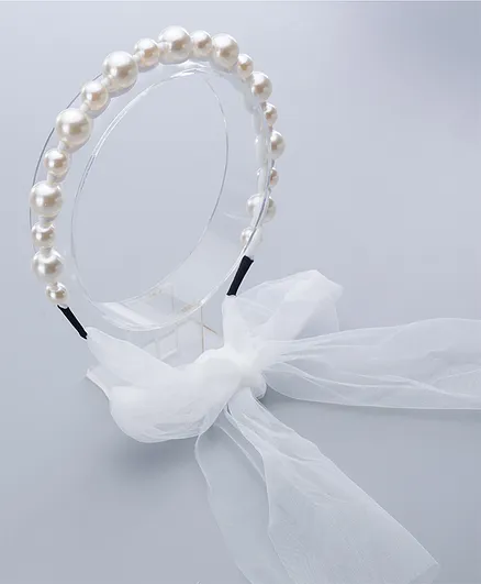 Pine Kids Pearl Hair Band with Lace Tie Up - White